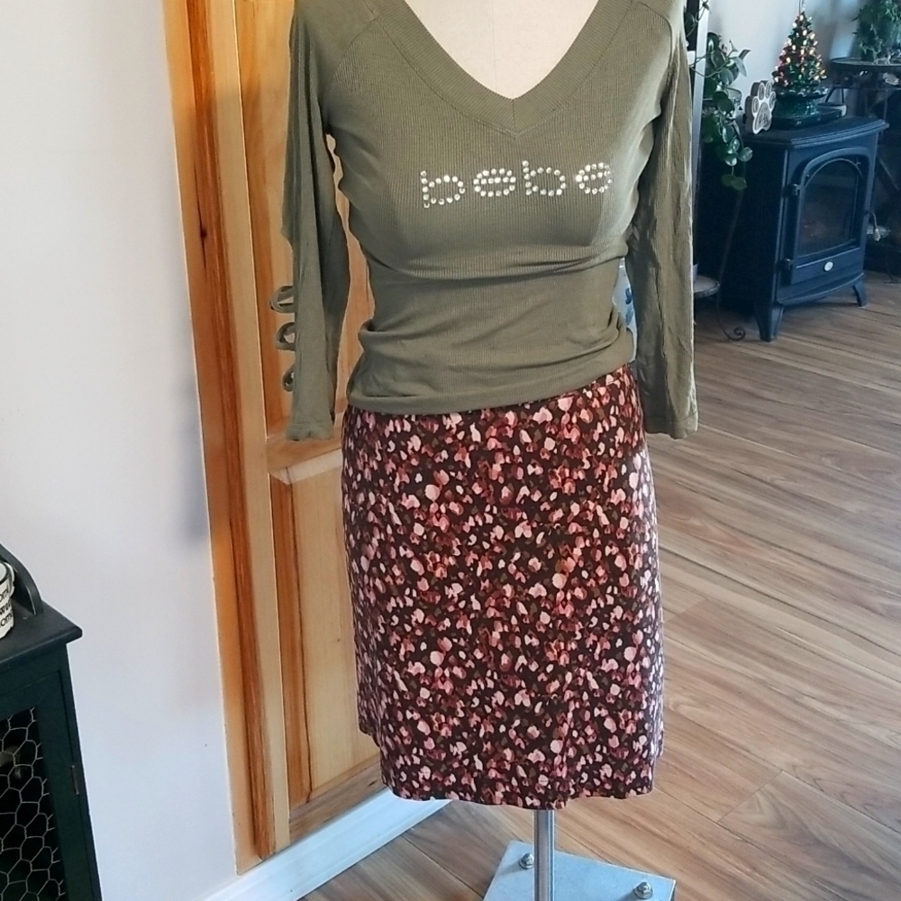 Merona Cotton Spandex Skirt Size 14. Multi Brown Pinks Green. Lined. Feminine